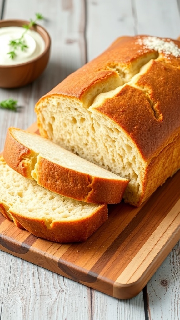 A golden-brown gluten-free Greek yogurt bread loaf on a cutting board, with slices cut to show the fluffy interior.